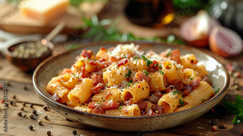 A dish of maccheroni pasta with tomato sauce, bacon and grated cheese.