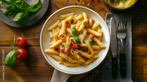 A dish of penne pasta with tomato sauce and basil.