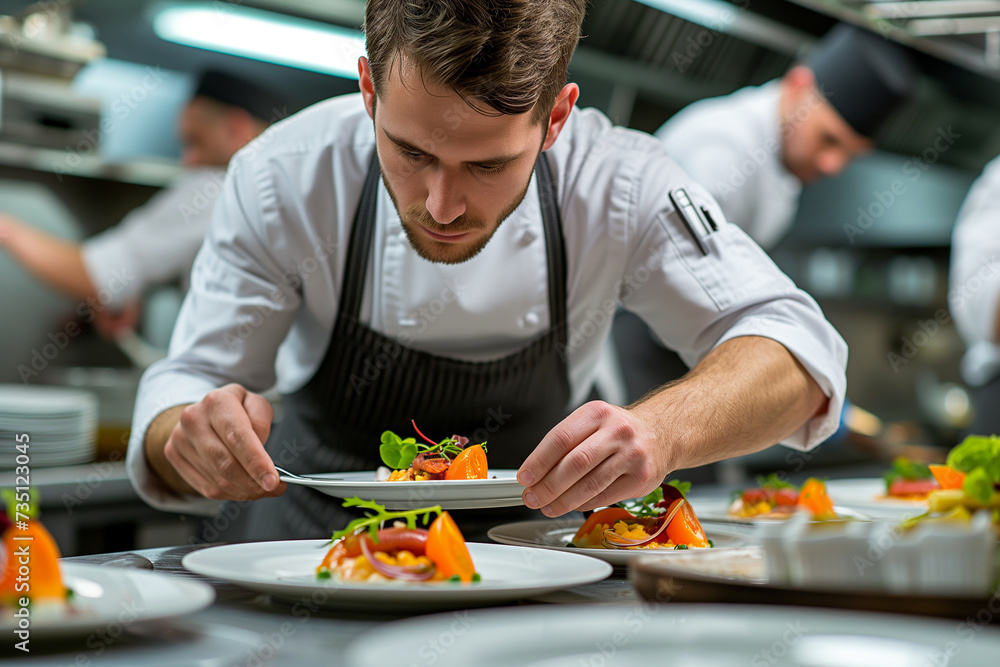 Male chef plating food in plate while working in progress