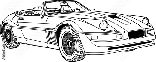 Abstract retro sports car in black and white ink drawing style, adult coloring book