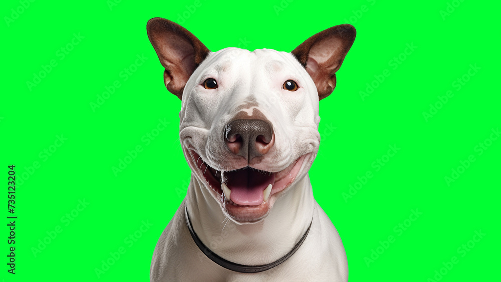 Portrait photo of smiling Bull Terrier on green background