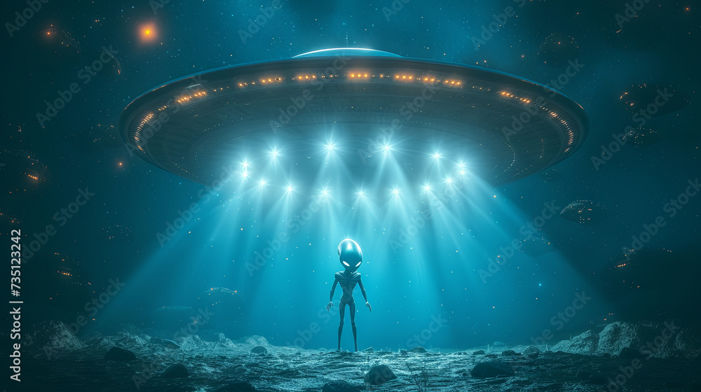 Cartoon Alien stand under the spotlight of a flying saucer, blue light	