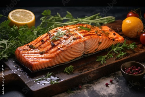 Delicious grilled salmon and ingredients on a light table. Generative AI