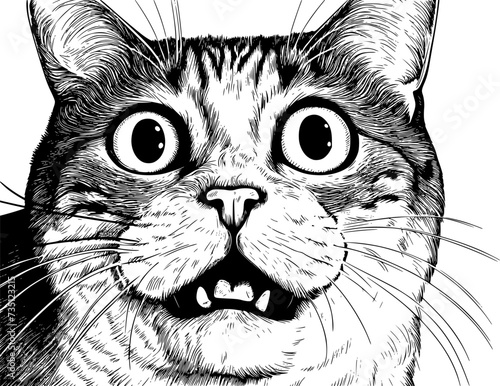 Surprised cat with bie eyes and open mouth, black and white ink style
