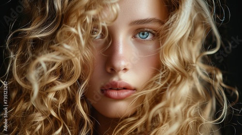 Intense Gaze of a Young Woman With Curly Blonde Hair in a Close-Up Portrait