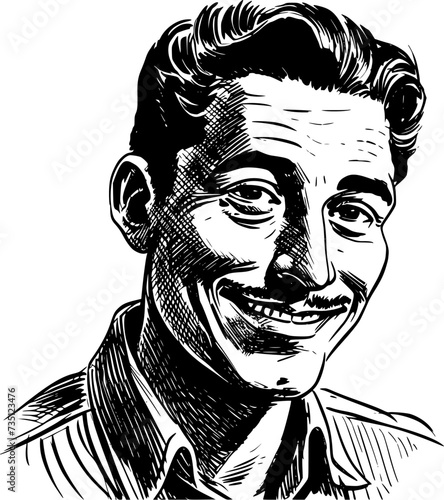 Man portrait in hand drawing or engraving style. 60s styled beautiful comic book character, in black and white
