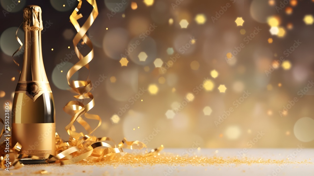 Celebration background with golden champagne bottle, confetti stars and party streamers. Christmas, birthday or wedding concept. copy space.