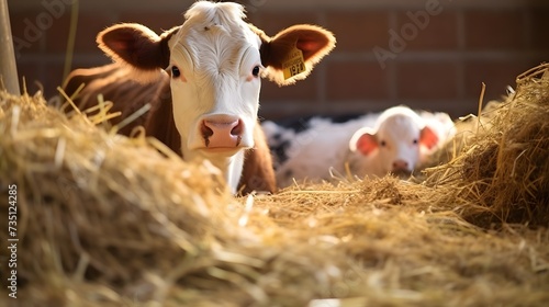 Cow and newborn calf lying in straw at cattle farm. Domestic animals husbandry and reproduction. 