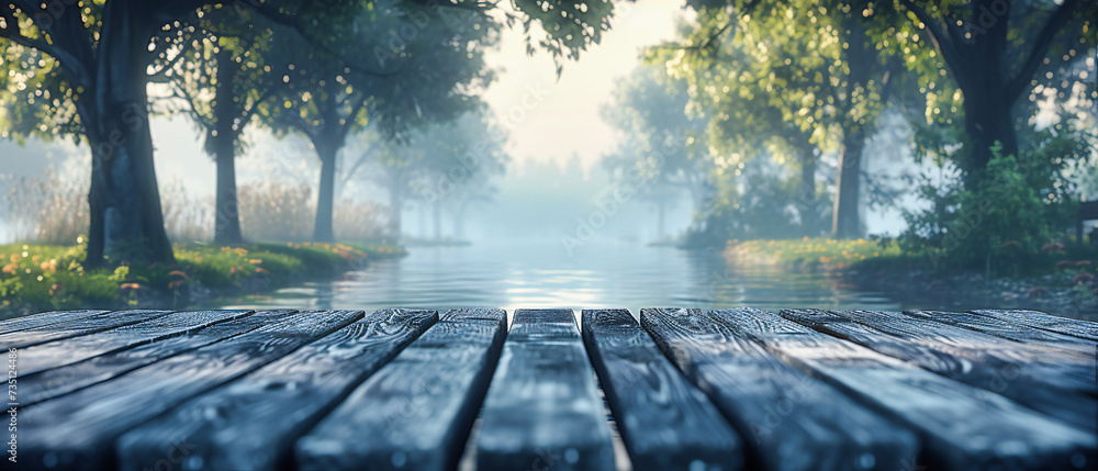 Serene lake at sunset with wooden pier, tranquil nature scene, peaceful morning with soft sunlight, concept of solitude and reflection - obrazy, fototapety, plakaty 