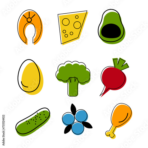 Colorful keto diet (low carb) icons .Set of different vegetables, protein food (egg, cheese, chicken), berries.