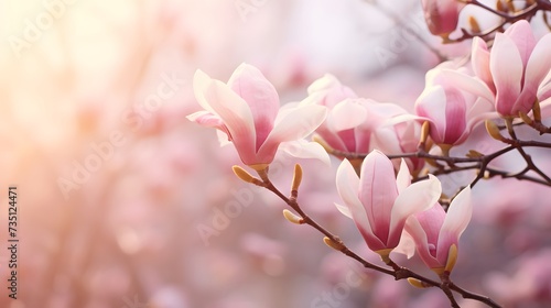 flowering magnolia blossom on sunny spring background  close-up of beautiful springtime flora  floral easter background concept with copy space