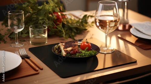Plate of Food and Glass of Wine on Table