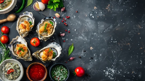 Gourmet oysters with herbs, spices, and sauces on a dark textured surface.