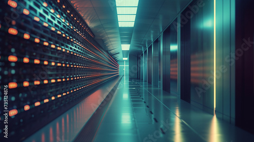 This photograph showcases a futuristic row of servers in a modern data center.