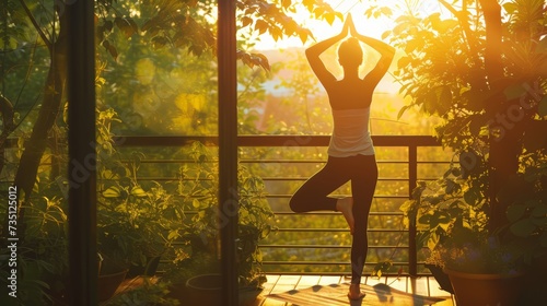 Ragazza pratica yoga la mattina presto sul balcone photo