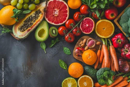 Tavolo pieno con una varietà di frutta e verdura fresca e colorata photo