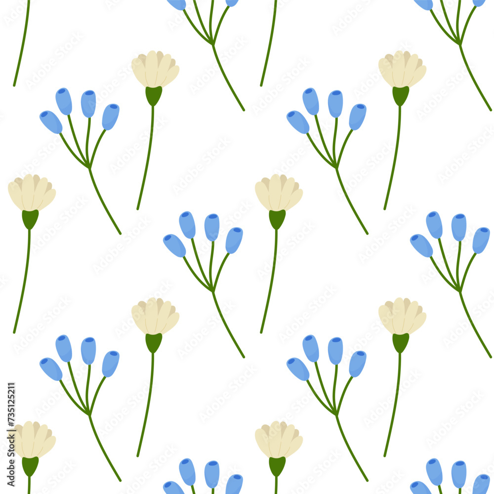 Naklejka premium Seamless floral spring flowers white blue.Vector illustration. For your design, wrapping paper, fabric.