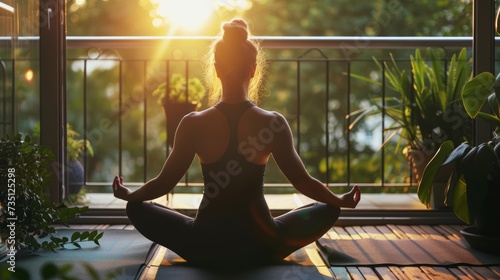 Ragazza pratica yoga all'alba sul balcone