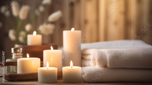 spa setting with white candles for relaxation and leisure