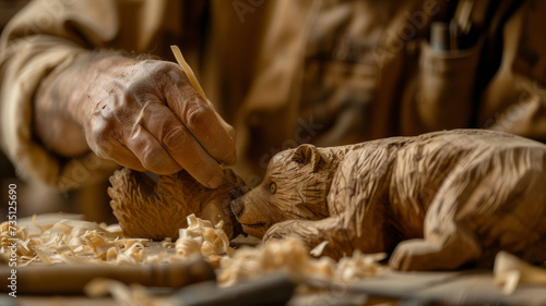 The process of carving a bear figurine from wood.