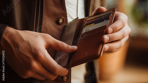 Close-up of hands holding a brown wallet with credit cards and a smartphone partly visible. photo