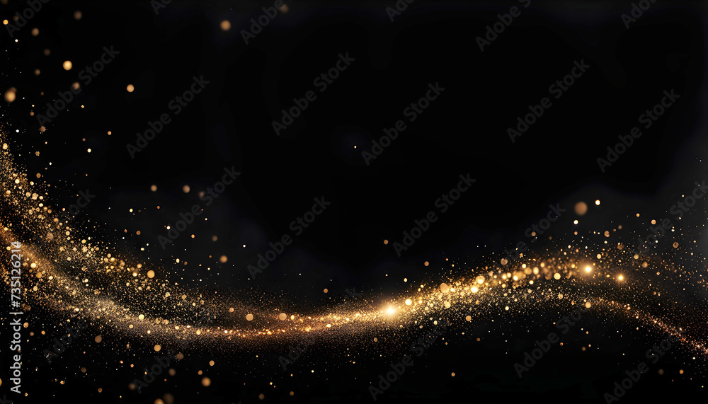 Obraz premium Luxurious golden shiny particles on a dark background with tints and gradients for the design of New Year and Christmas greetings, Luxurious background with an element of gold line and waves, Abstract