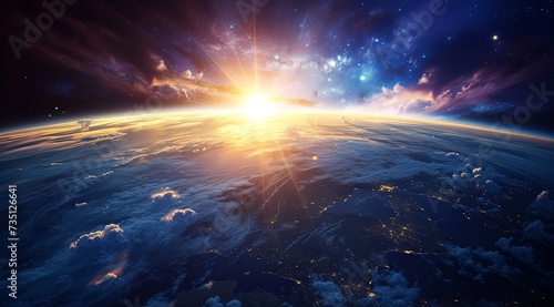View of the earth from space with sun and night view, in the style of futuristic urbanity, ethereal cloudscapes, landscape photography, light box, romantic scenery, captivating light effects.