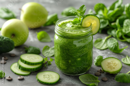 Fresh green smoothie in a jar with ingredients on a grey background