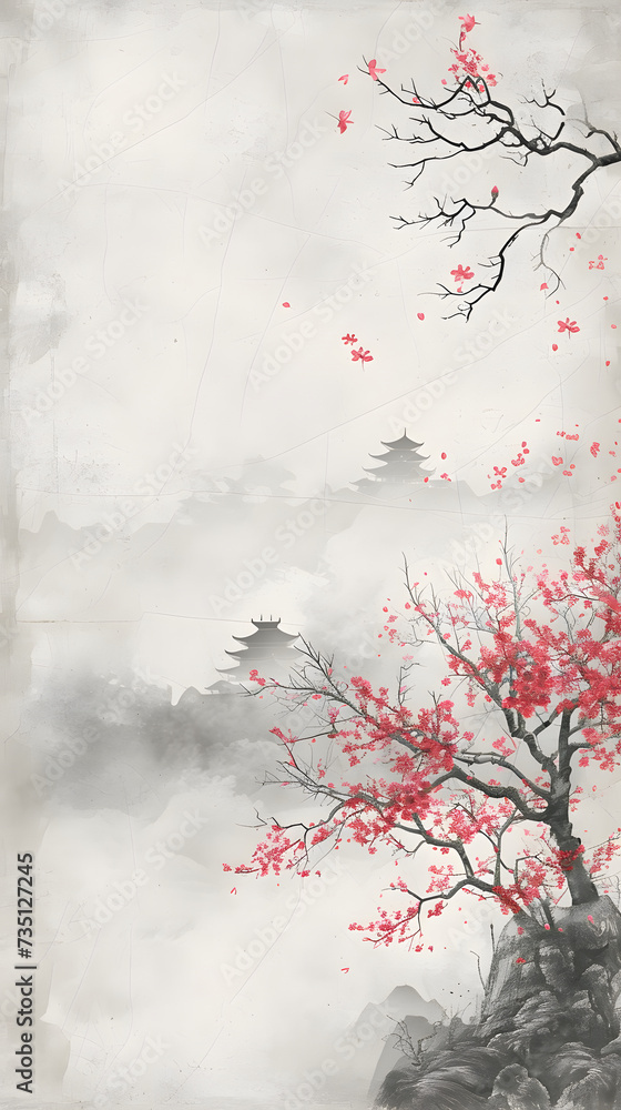 Chinese traditional landscpae with old paper texture featuring plum blossom