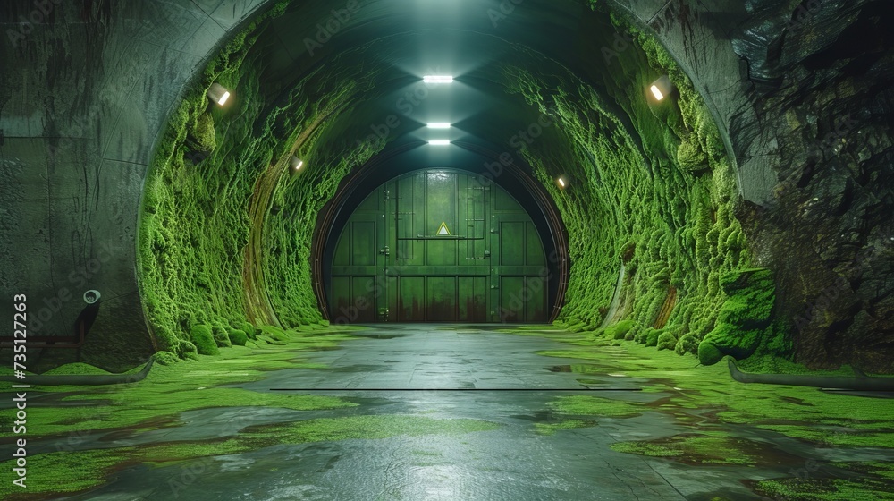 Underground tunnel with a door at the end, entrance to an underground bunker Concept: underground bunker, entrance to a shelter, bomb shelter - obrazy, fototapety, plakaty 