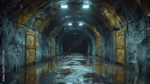 Underground tunnel with a door at the end, entrance to an underground bunker Concept: underground bunker, entrance to a shelter, bomb shelter