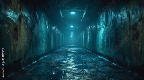 Underground tunnel with a door at the end, entrance to an underground bunker Concept: underground bunker, entrance to a shelter, bomb shelter photo