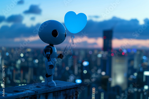 Sentimental Robot with Heart Balloon  Overlooking Cityscape at Dusk  Emotive Technology