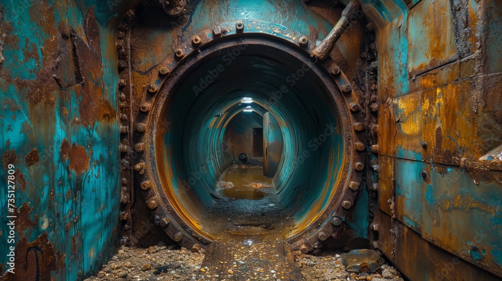 A view of a rusty steel door leading to a dark and mysterious underground tunnel, with water stains and signs of corrosion along the edges. Concept: exploration, adventure, underground structures and 