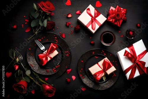 Beautiful romantic table setting with wine, roses and gifts on black background. Romantic dinner. Valentine& x27;s Day. Top view, flat lay, copy space photo