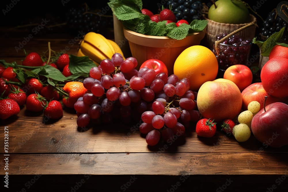 close up of fresh fruit, pineapple, grapes, oranges, apples, strawberries and so on on a brown wooden table close up of fresh fruit, pineapple, grapes, oranges, apples, strawberries and so on on a brown wooden table