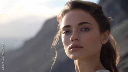 A close-up shot of a beautiful, smooth young woman's face. Simple but has a beauty that is worth following. A gentle smile on charming lips and beautiful, sensitive eyes. The light shines in detail.