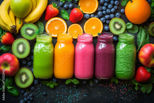 Detox menu. Different types of healthy juices and different fruits, vegetables and berries