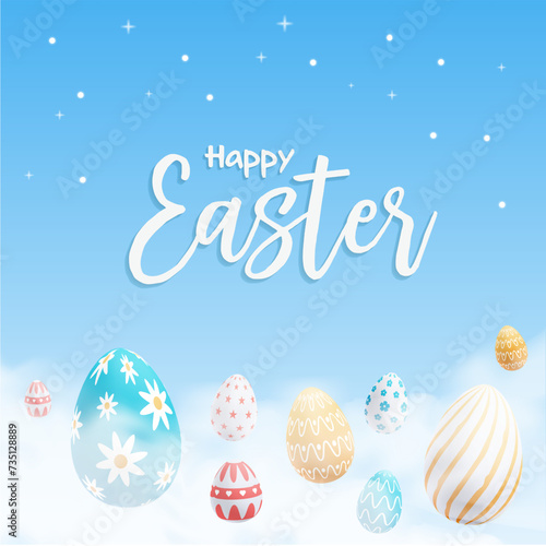 realistic illustration of Happy Easter Egg greeting with clouds in the sky Vector Illustration