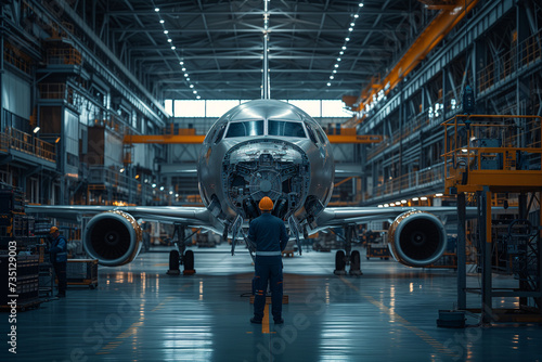 Aircraft engineer stands before an open-nose airplane undergoing maintenance in an industrial aircraft hangar.