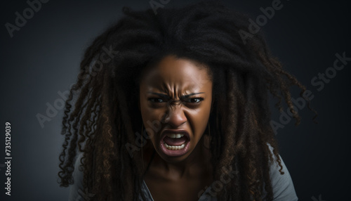 A photo portrait of a black female with an angry face expression