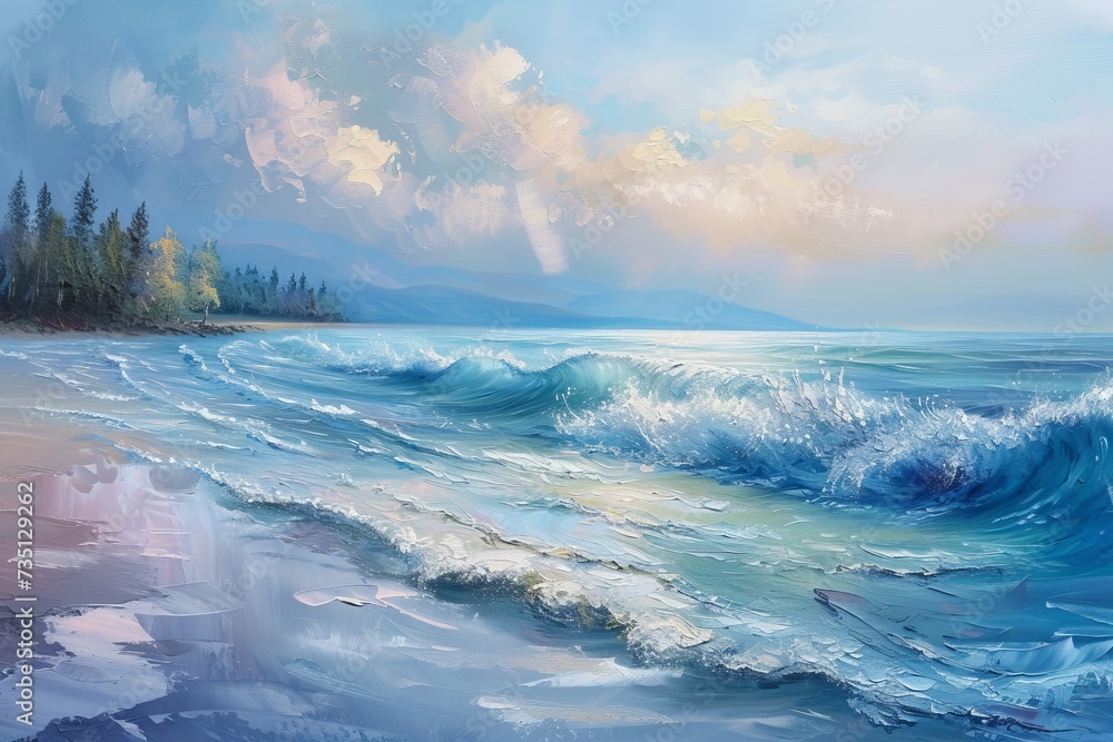 Seascape painting with gentle ocean waves lapping on a shore Seascape painting with gentle ocean waves lapping on a shore