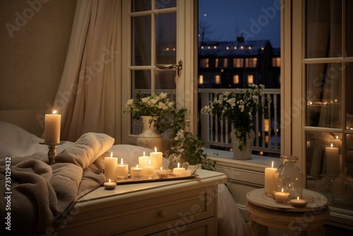 Candles on windowsill in bedroom with mirror and wardrobe. Bathroom with candles. Generative AI