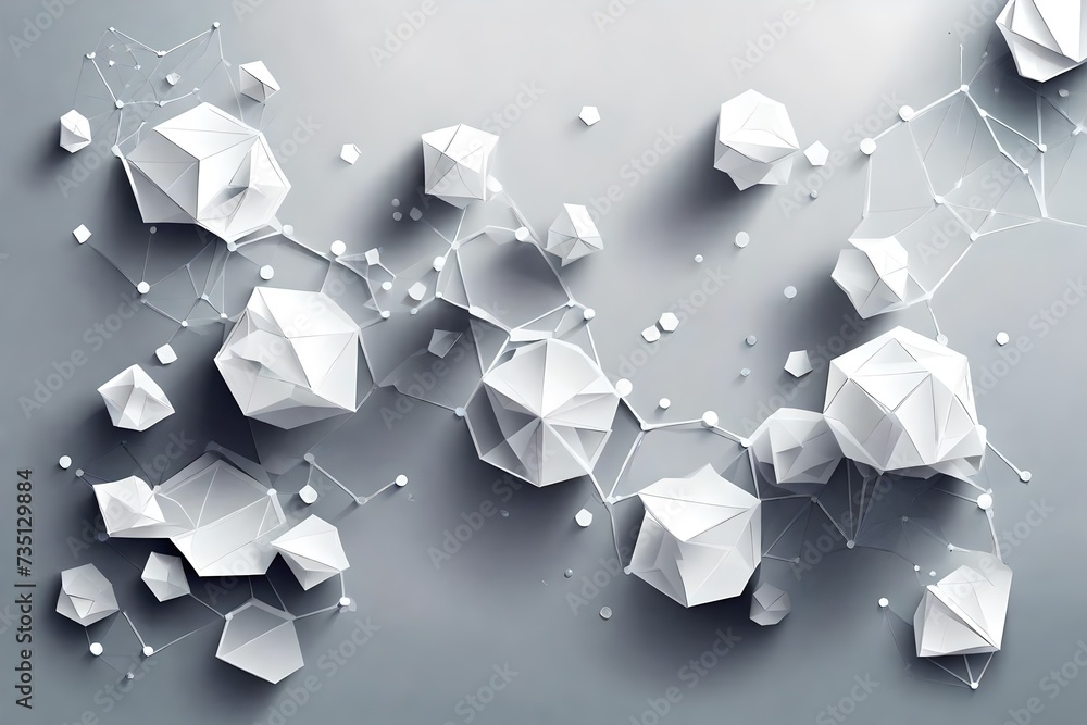 Vector Abstract molecules with 3D paper polygon on light gray background - obrazy, fototapety, plakaty 