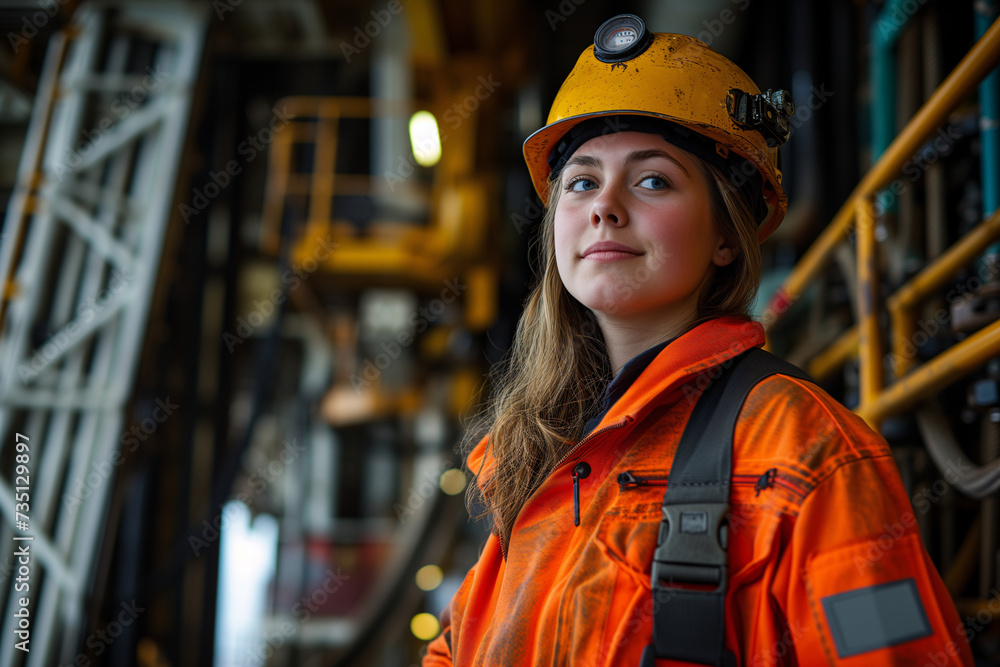 A focused female engineer in safety gear gazes at the machinery on an oil rig, exemplifying women's empowerment in industrial fields. A focused female engineer in safety gear gazes at the machinery on an oil rig, exemplifying women's empowerment in industrial fields.