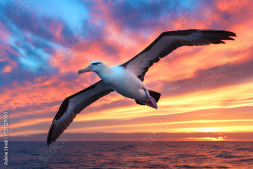 An albatross spreading its wings wide soaring majestically against the backdrop of a vibrant sunset