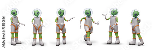 Collection of 3D green humanoids in various poses. Vector alien characters