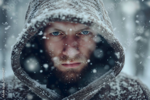 close up a man in a sweater is shivering in the middle of a heavy snowstorm, feeling cold and lonely