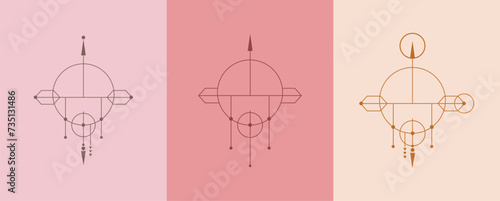 Esoteric Spiritual Geometry Modern minimalist aesthetic line elements set. Linear geometric frames and borders with stars.