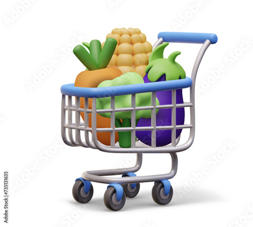 Shopping metal cart with fresh vegetables. Corn, eggplant, carrot, broccoli in cartoon style